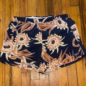 Patagonia Navy Floral Athletic Shorts with Tan Bloom Print